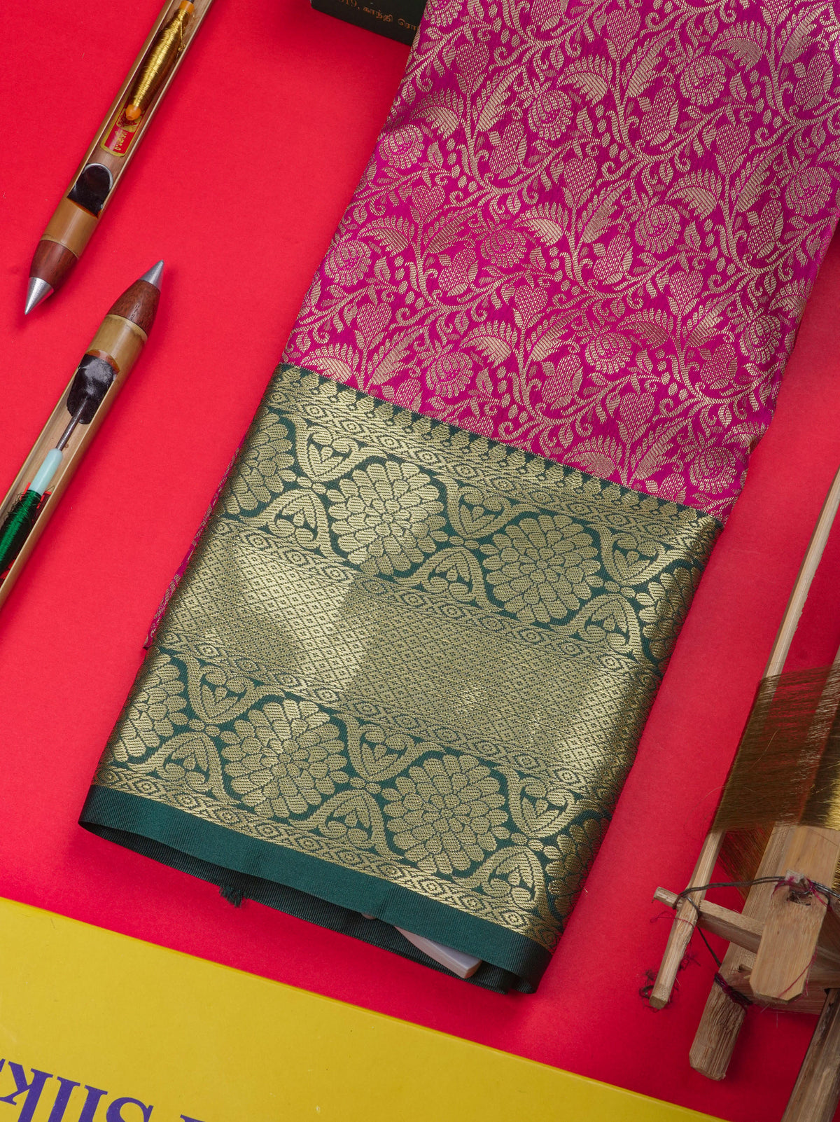 Semi Silk Pattu Pavadai ( Magenta ) With Bottle Green Blouse 36"