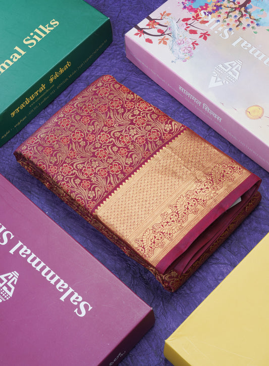 Brownish Maroon Beautiful Grand Bridal Pure Kanjivaram Silk Saree With Gold Zari Border