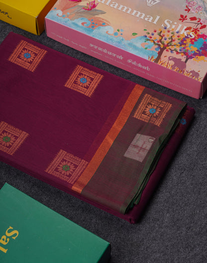 Violet Beautiful SICO Cotton Saree With Bottle Green Border