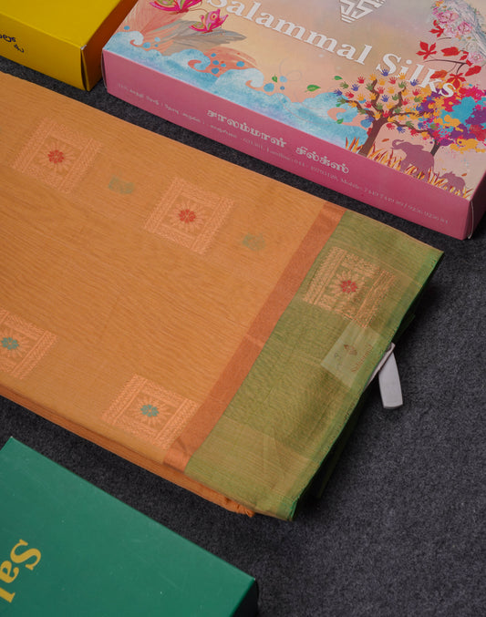 Beautiful Sandal Meenakari Work SICO Cotton Saree With Contrast Bottle Green Blouse