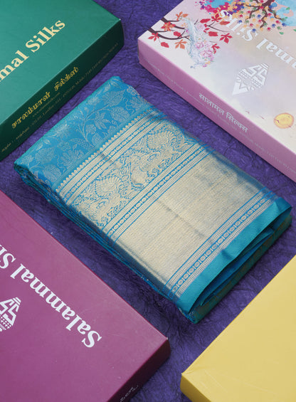 Peacock Blue Pure Kanjivaram Silk Saree (2G) Zari With Traditional Gold Zari Border