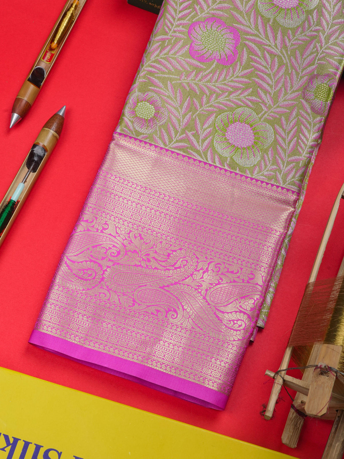 Semi Silk Pattu Pavadai ( Pista Green ) With Pink Blouse 36"