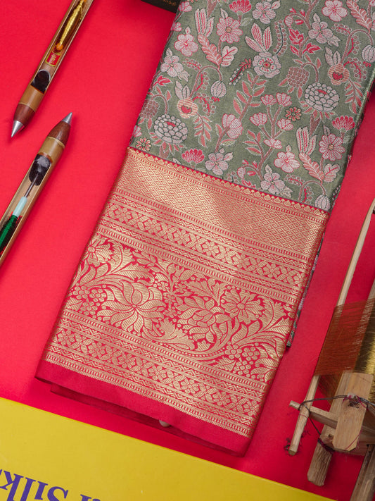 Semi Silk Pattu Pavadai Tissue ( Green ) With Red Blouse 36"