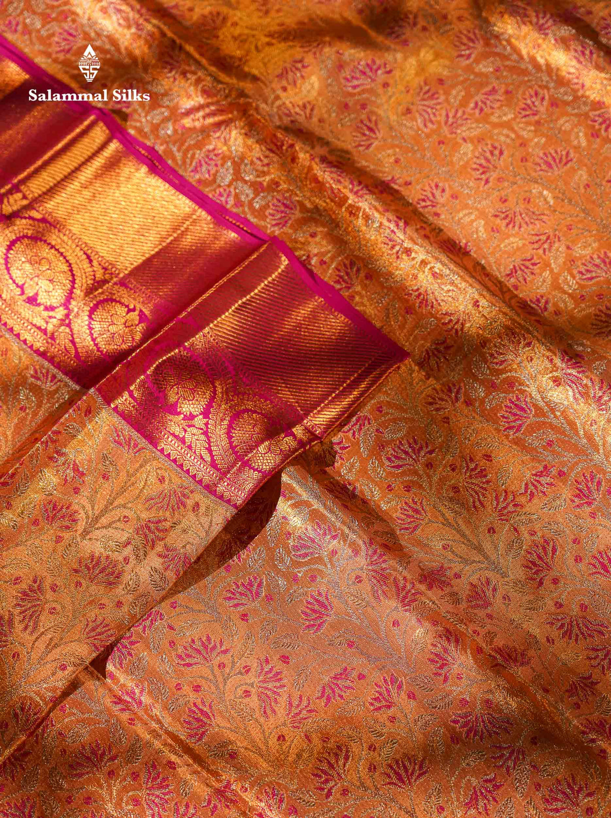 Beautiful Peach Pink Tissue Bridal Menakari Work Pure Kanjivaram Silk Saree With Contrast Magenta Pink Traditional Border