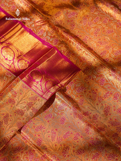 Beautiful Peach Pink Tissue Bridal Menakari Work Pure Kanjivaram Silk Saree With Contrast Magenta Pink Traditional Border