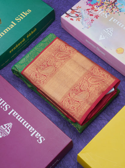 Green Pure Kanjivaram Silk Saree (2G) Zari With Contrast Chilly Red Long Border