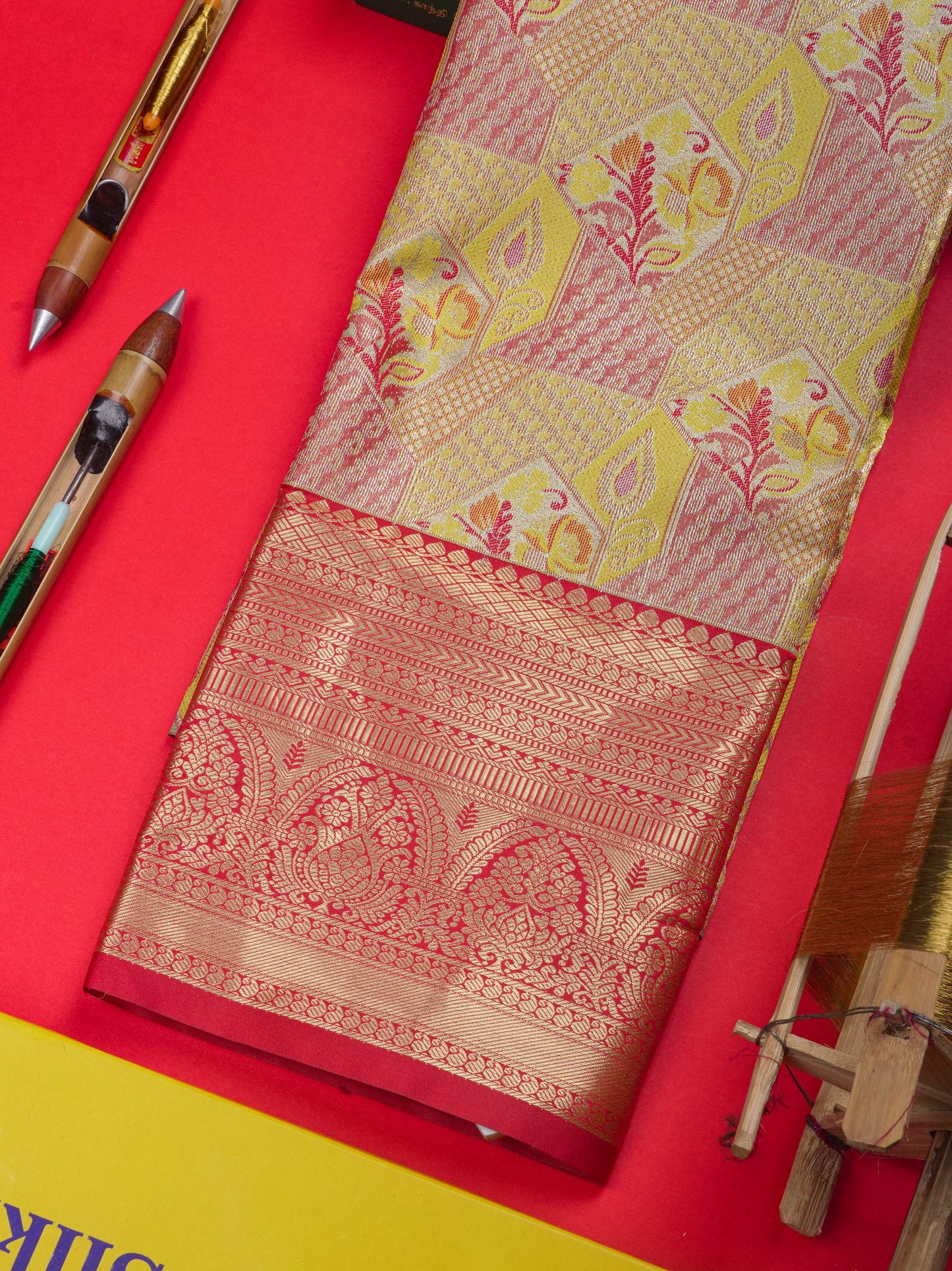 Semi Silk Pattu Pavadai ( Mustard Yellow ) With Red Blouse 36"