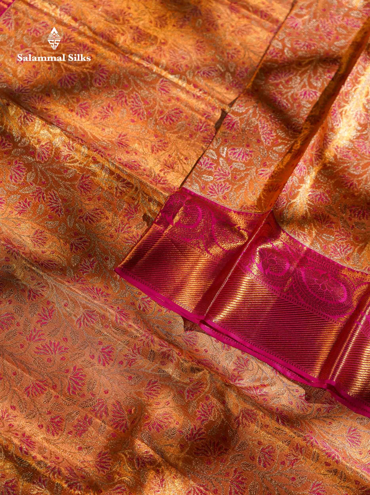 Beautiful Peach Pink Tissue Bridal Menakari Work Pure Kanjivaram Silk Saree With Contrast Magenta Pink Traditional Border