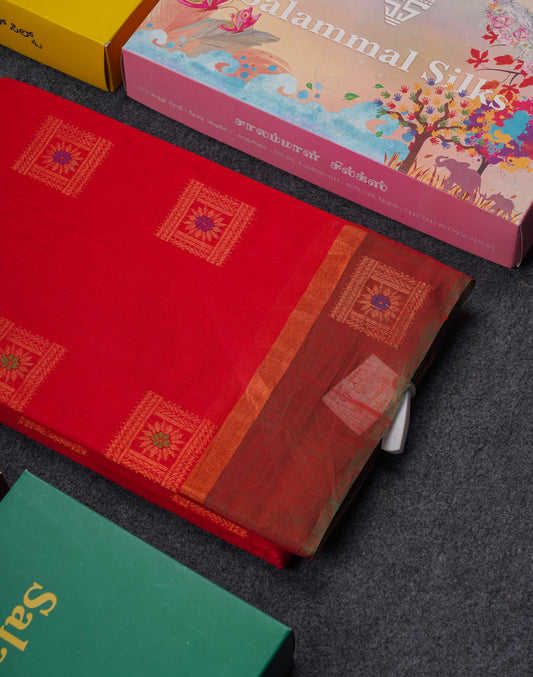 Chilly Red Menakari Work SICO Cotton Saree With Contrast Bottle Green Blouse