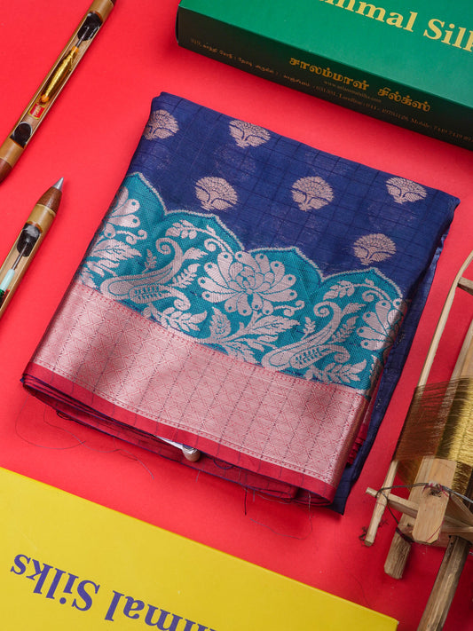 Navy Blue Colour Small Checks Semi Silk Saree With Contrast Chilly Red Fancy Border