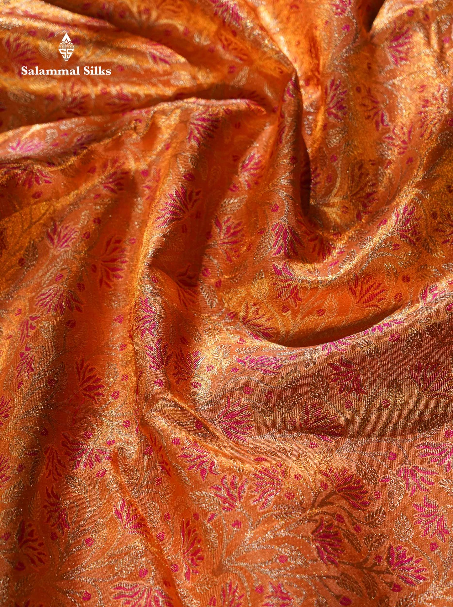 Beautiful Peach Pink Tissue Bridal Menakari Work Pure Kanjivaram Silk Saree With Contrast Magenta Pink Traditional Border
