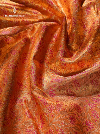 Beautiful Peach Pink Tissue Bridal Menakari Work Pure Kanjivaram Silk Saree With Contrast Magenta Pink Traditional Border