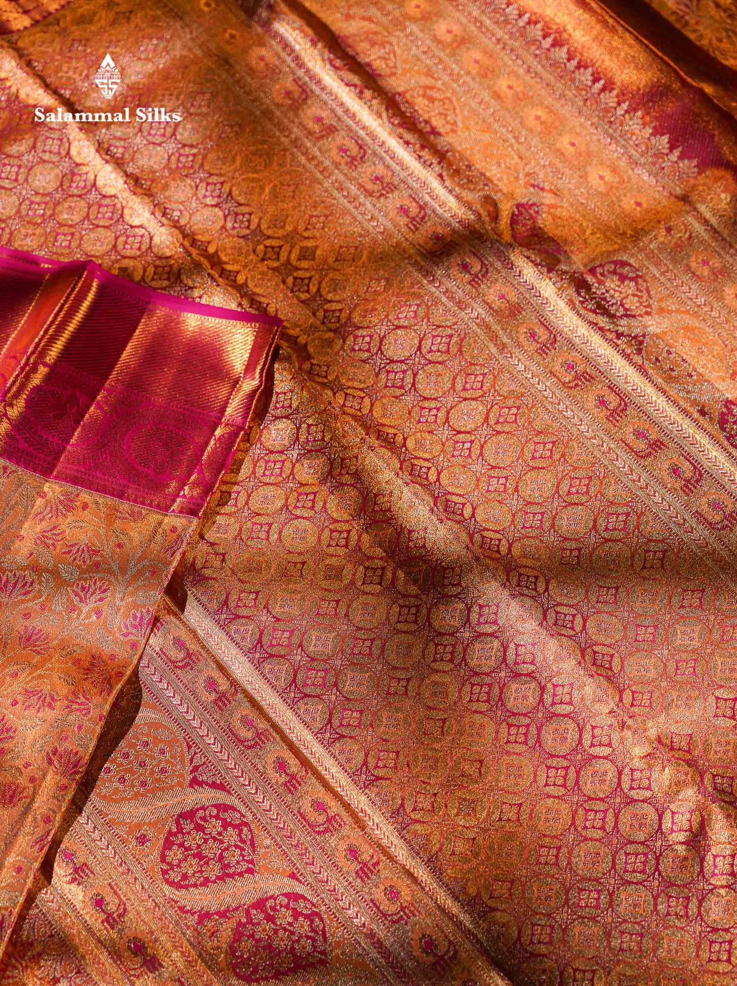 Beautiful Peach Pink Tissue Bridal Menakari Work Pure Kanjivaram Silk Saree With Contrast Magenta Pink Traditional Border