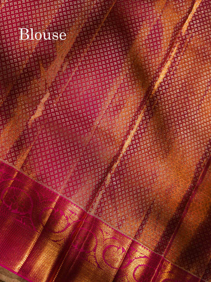 Beautiful Peach Pink Tissue Bridal Menakari Work Pure Kanjivaram Silk Saree With Contrast Magenta Pink Traditional Border