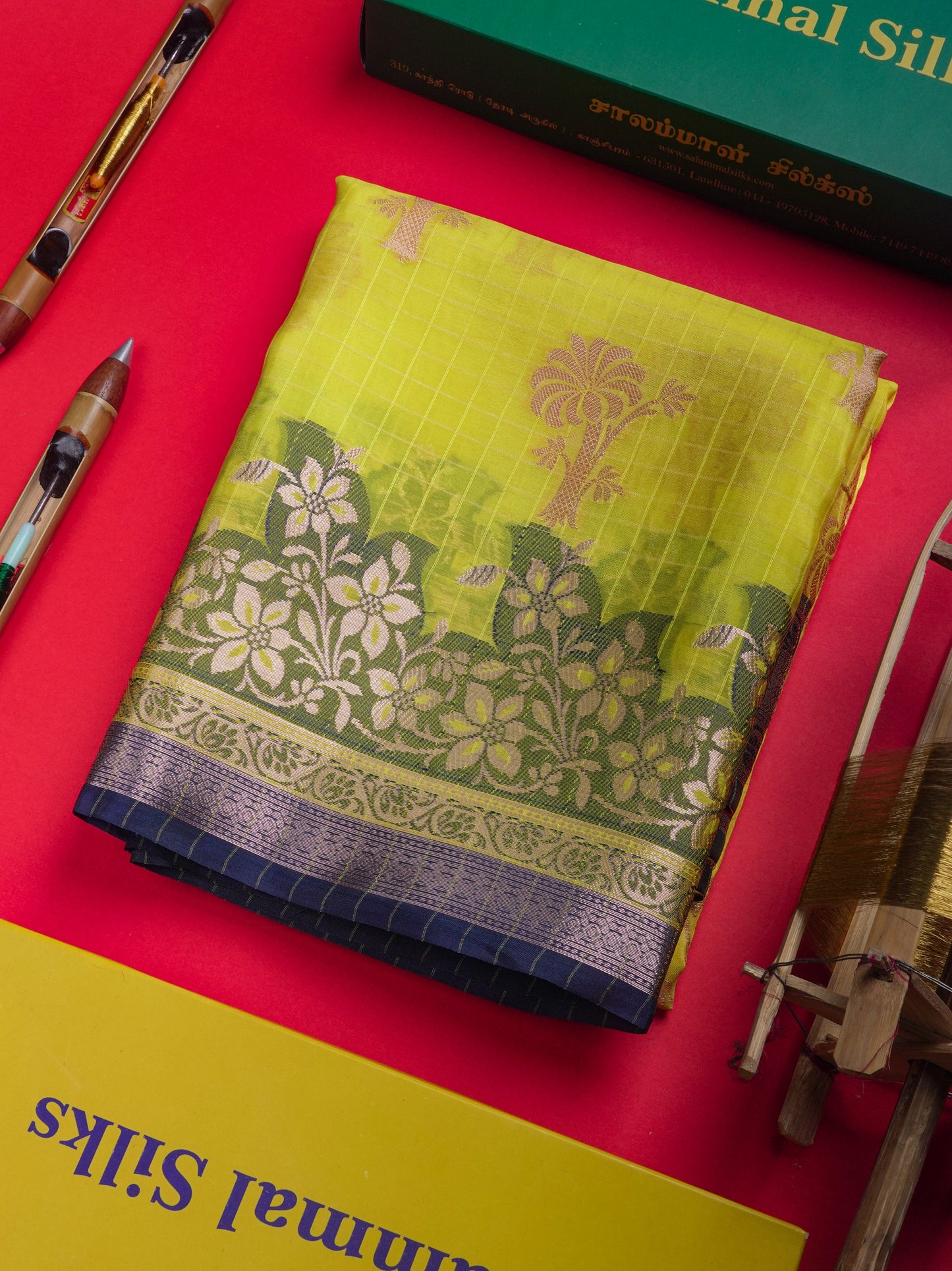 Lemon Yellow Colour Small Checks Semi Silk Saree With Fancy Border