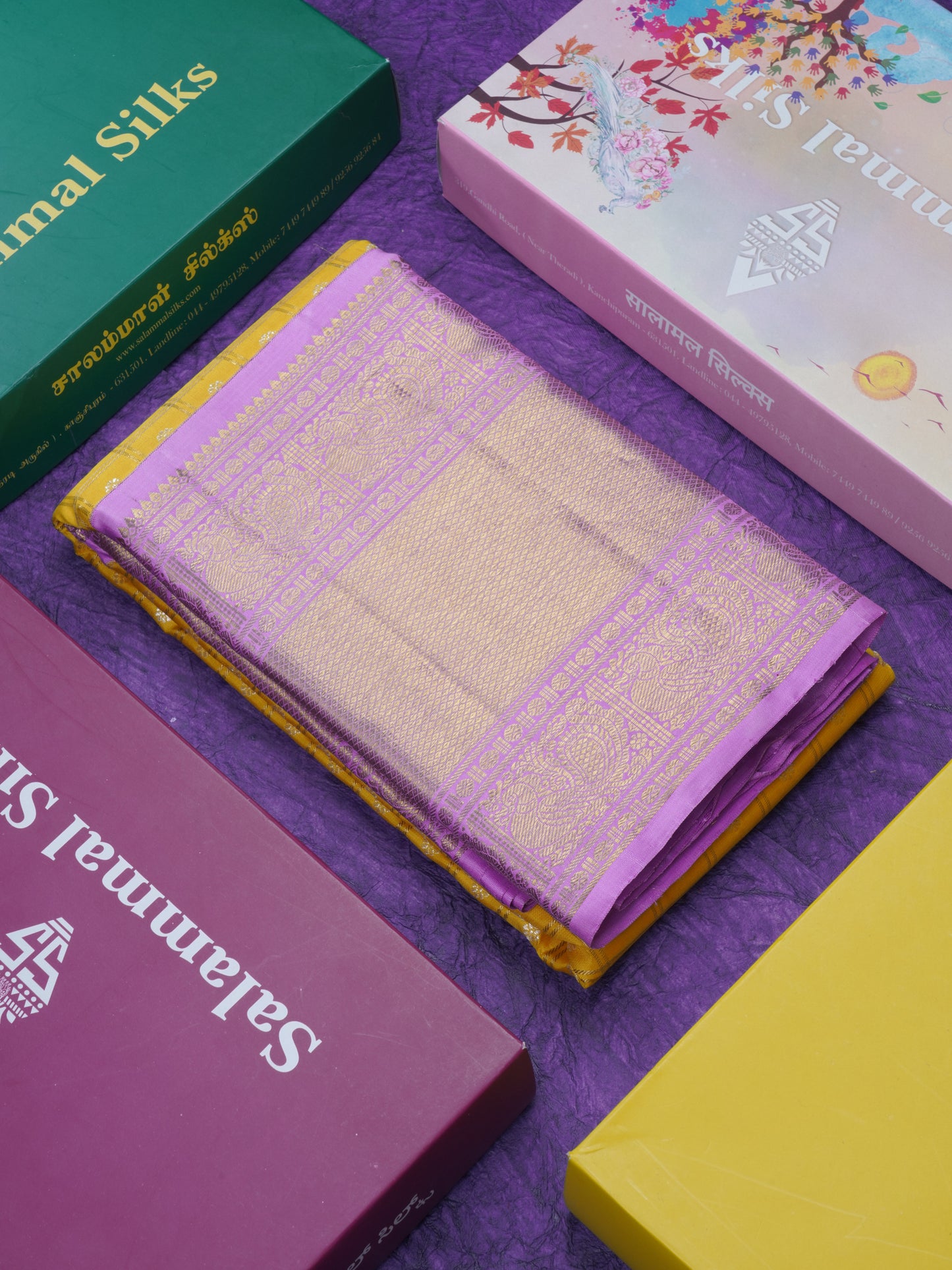 Korvai Yellow Zari Checks Pure Kanjivaram Silk Saree (2G) Zari With Contrast Lavender Long Traditional Border