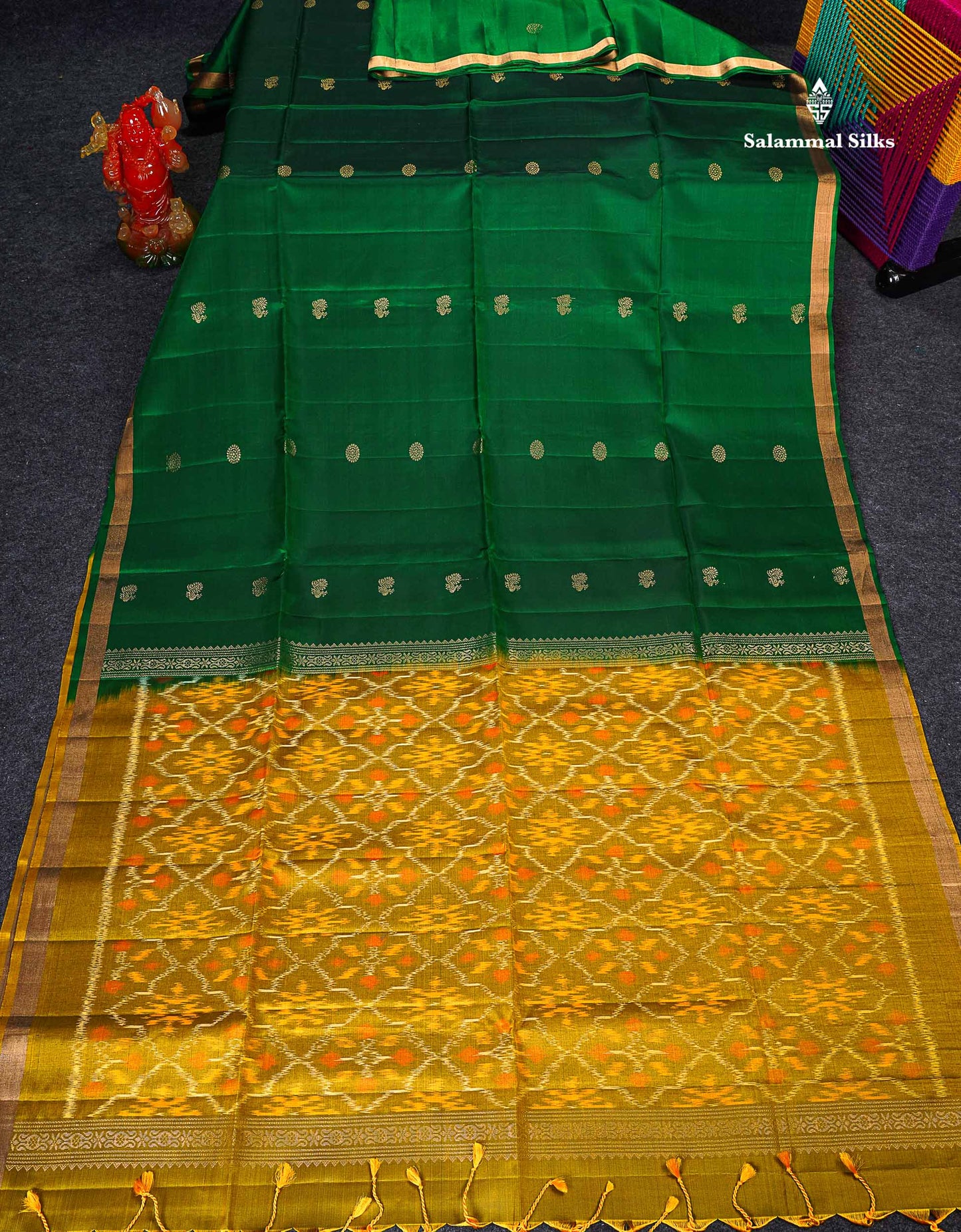 Pure Mix Soft Silk Saree - Bottle Green Colour Body With Contrast Mustard Yellow Blouse