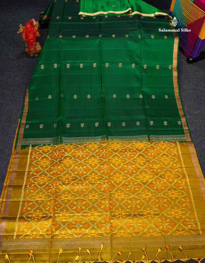 Pure Mix Soft Silk Saree - Bottle Green Colour Body With Contrast Mustard Yellow Blouse