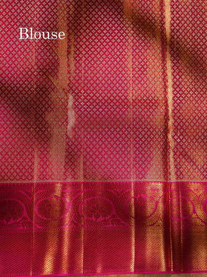 Beautiful Peach Pink Tissue Bridal Menakari Work Pure Kanjivaram Silk Saree With Contrast Magenta Pink Traditional Border