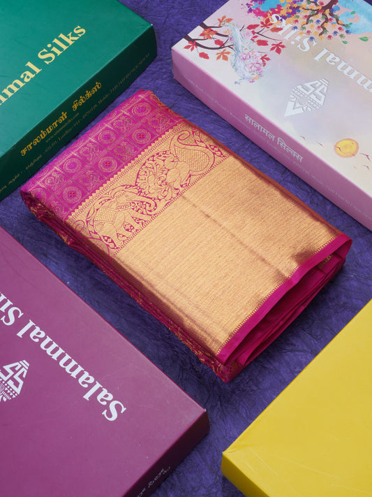 Magenta Pink Checks With Traditional Butta Pure Kanjivaram Silk Saree with Long Border