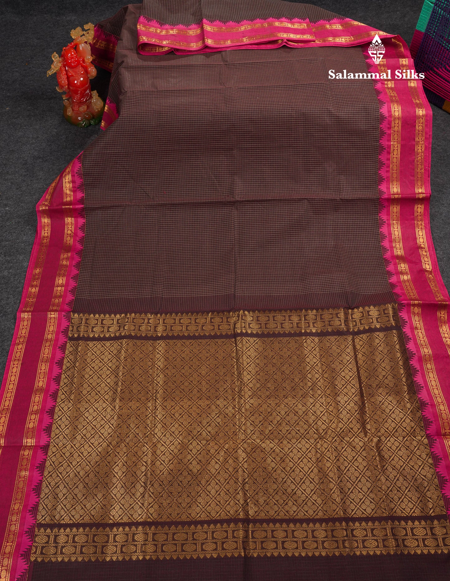 Beautiful Cream Sandal Small Checks Pure Cotton Saree With Contrast Brown Traditional Rettapet & Temple Border