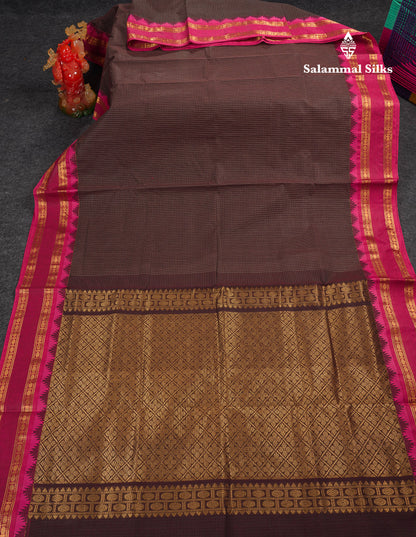 Beautiful Cream Sandal Small Checks Pure Cotton Saree With Contrast Brown Traditional Rettapet & Temple Border