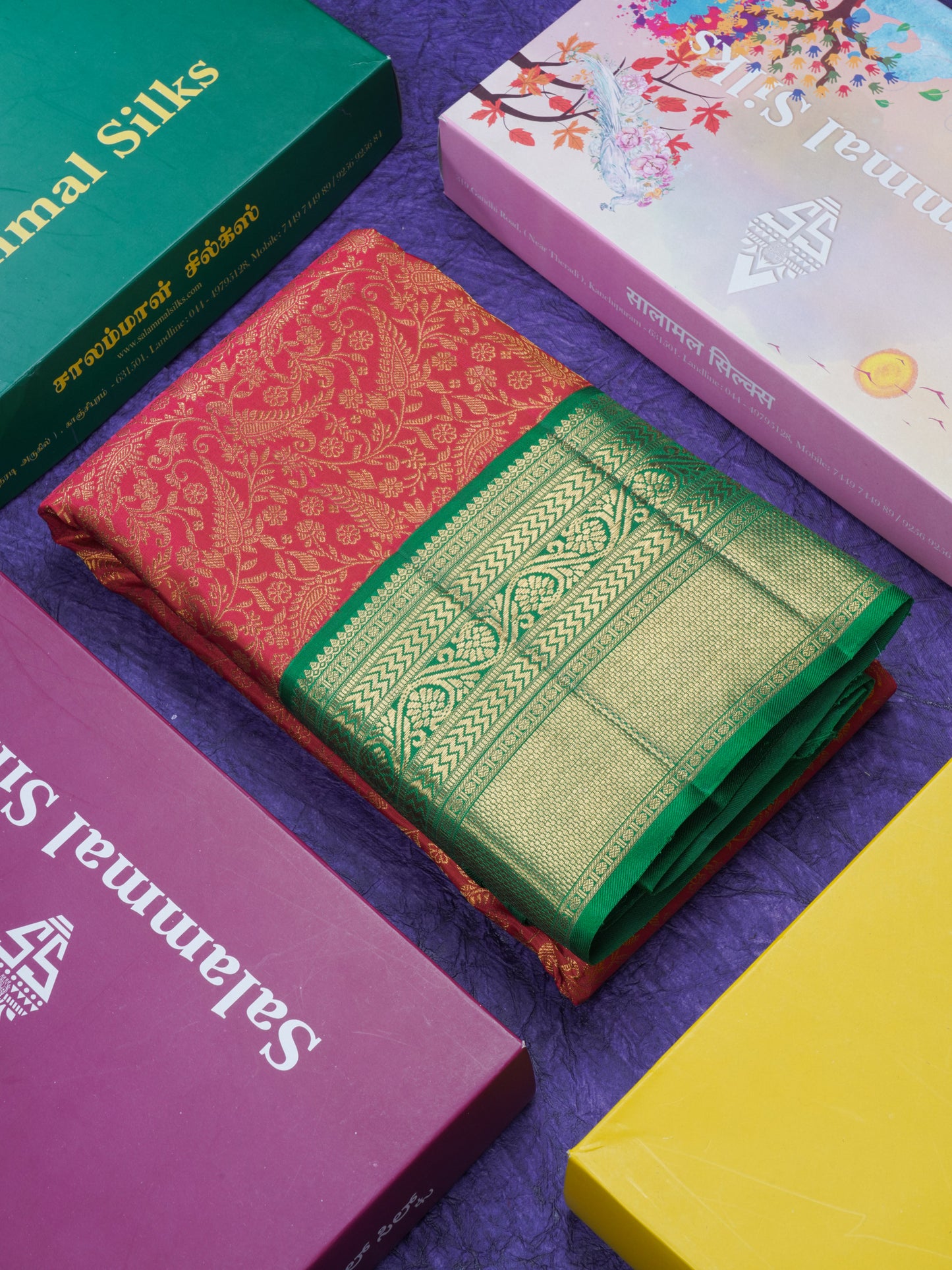 Red Pure Kanjivaram Silk Saree (2G) Zari With Contrast Bottle Green Border