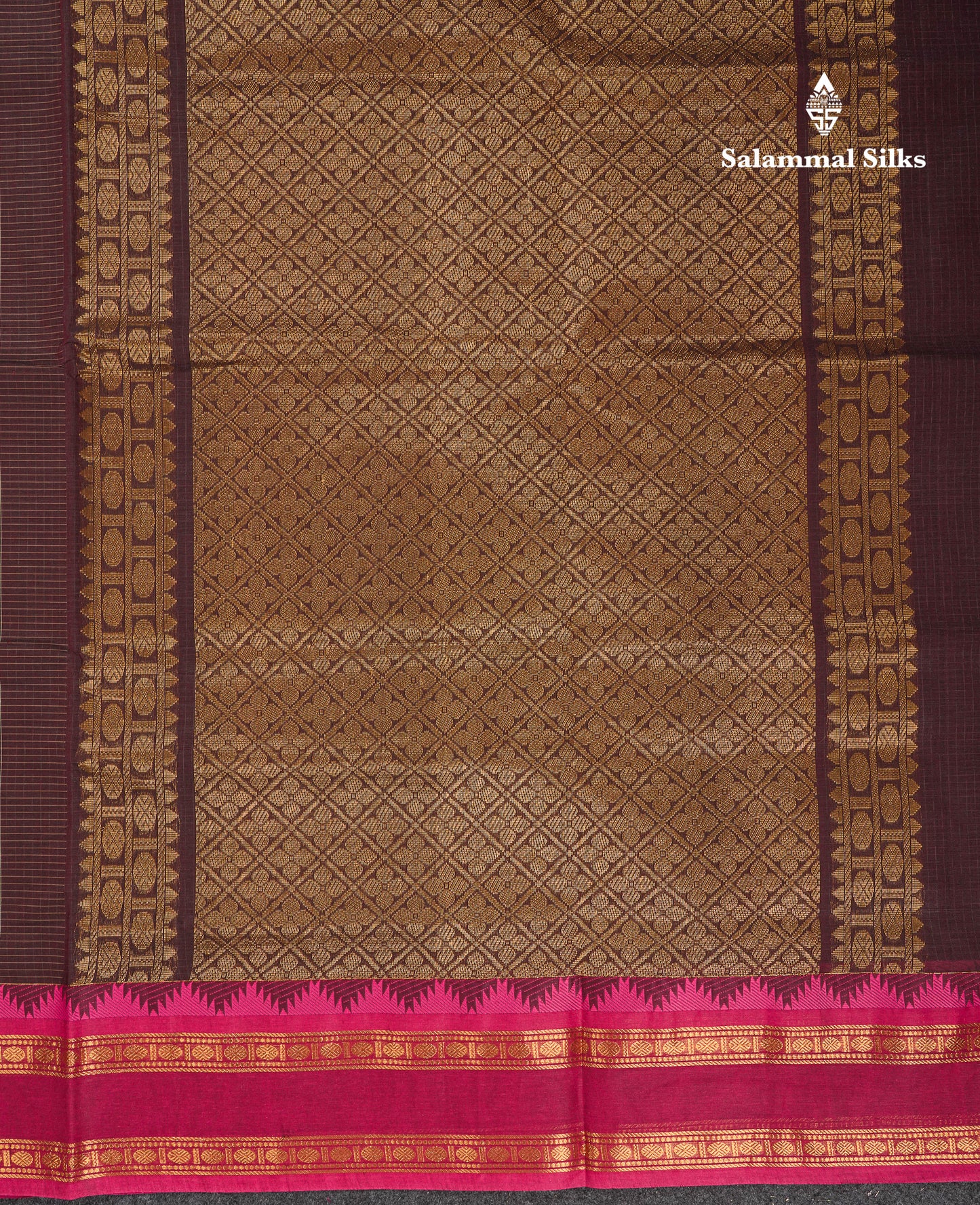 Beautiful Cream Sandal Small Checks Pure Cotton Saree With Contrast Brown Traditional Rettapet & Temple Border