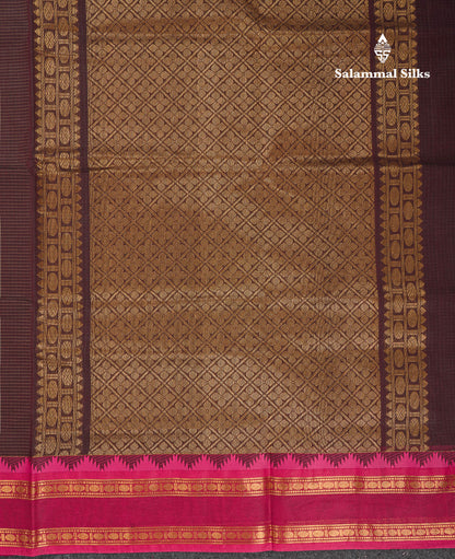 Beautiful Cream Sandal Small Checks Pure Cotton Saree With Contrast Brown Traditional Rettapet & Temple Border