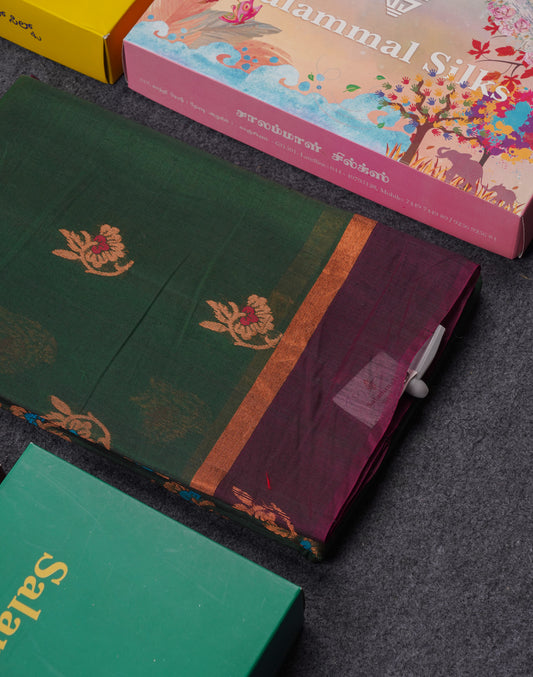 Bottle Green Menakari Work SICO Cotton Saree With Contrast Magenta Border