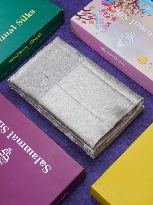 Silver Colour Tissue Pure Kanjivaram Silk Saree With Traditional Self Border