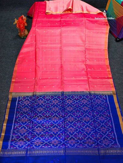 Pure Mix Soft Silk Saree - Light Pink Colour Body With Contrast Royal Blue Blouse