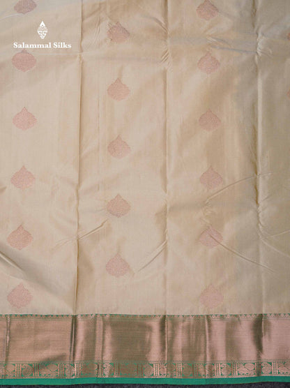 Beautiful Cream Sandal Zari Butta Semi Silk Saree With Contrast Sapphire Green Traditional Border