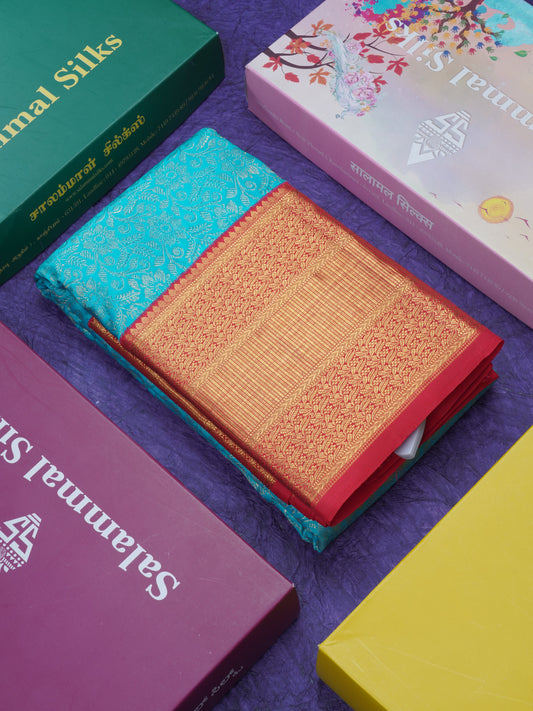 Korvai Anandha Blue Bridal Pure Kanjivaram Silk Saree With Contrast Red Border