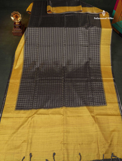 Semi Tussar Saree - Black Colour Body With Contrast Yellow Border