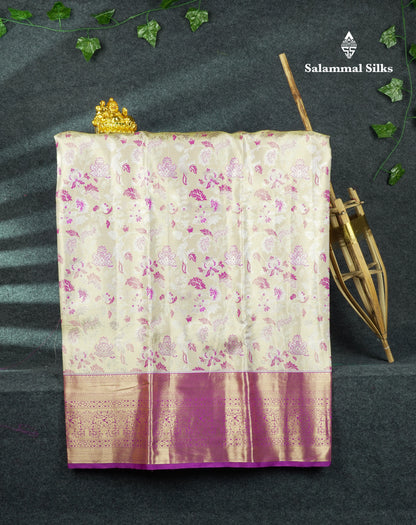 Semi Silk Pattu Pavadai (Beige) With Purple Blouse 44"