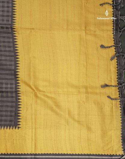 Semi Tussar Saree - Yellow Colour Body With Contrast Maroon Border