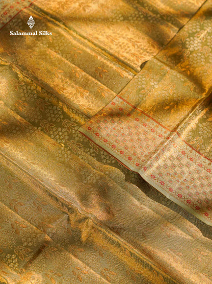 Beautiful Elaichi Green Tissue Bridal Pure Kanjivaram Silk Saree With Fancy Forest Theme Based Fancy Border