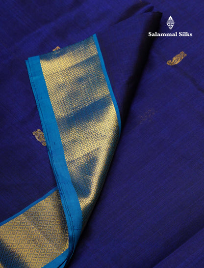 Beautiful Navy Blue Pure Silk Cotton Saree With Contrast Anandha Blue Traditional Border