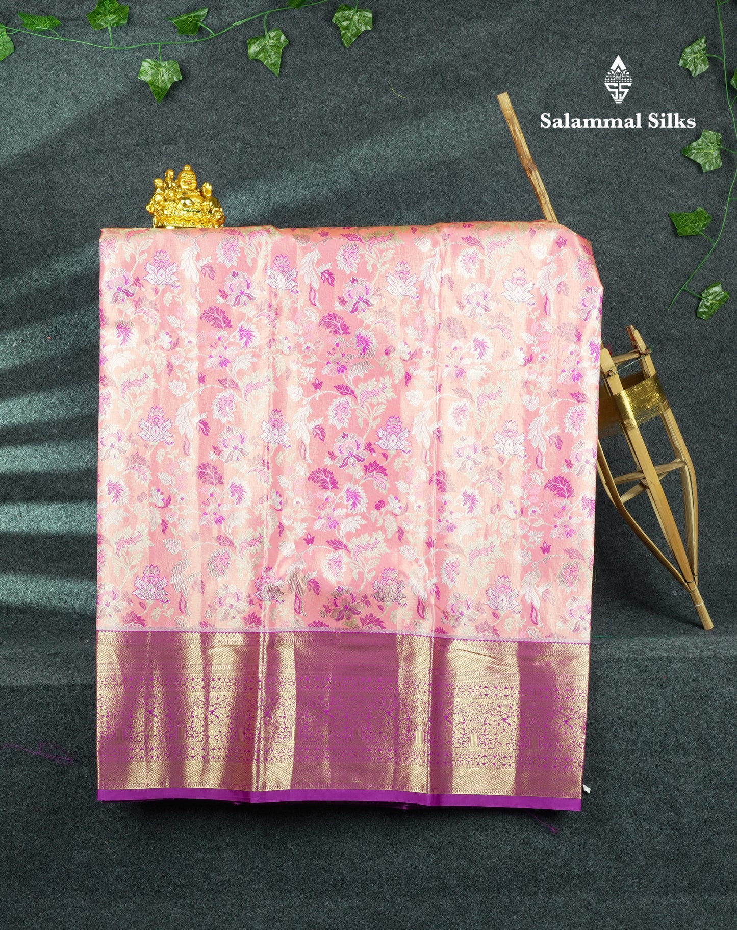 Semi Silk Pattu Pavadai (Peach Pink) With Purple Blouse 44"