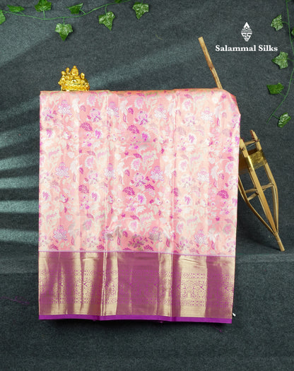 Semi Silk Pattu Pavadai (Peach Pink) With Purple Blouse 44"