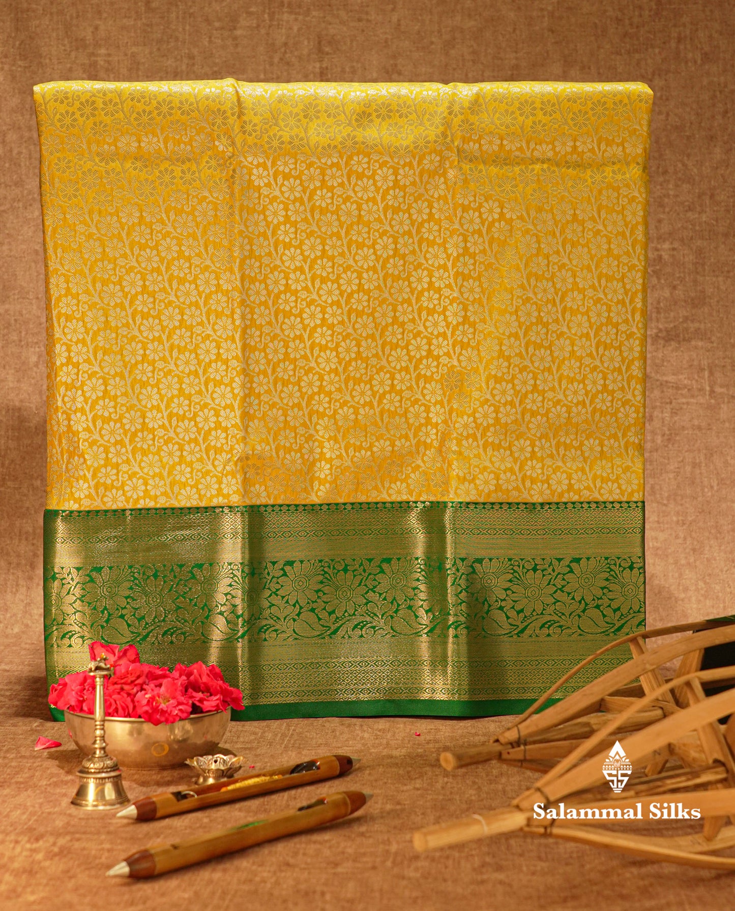 Semi Silk Pattu Pavadai ( Yellow ) With Green Blouse 36"