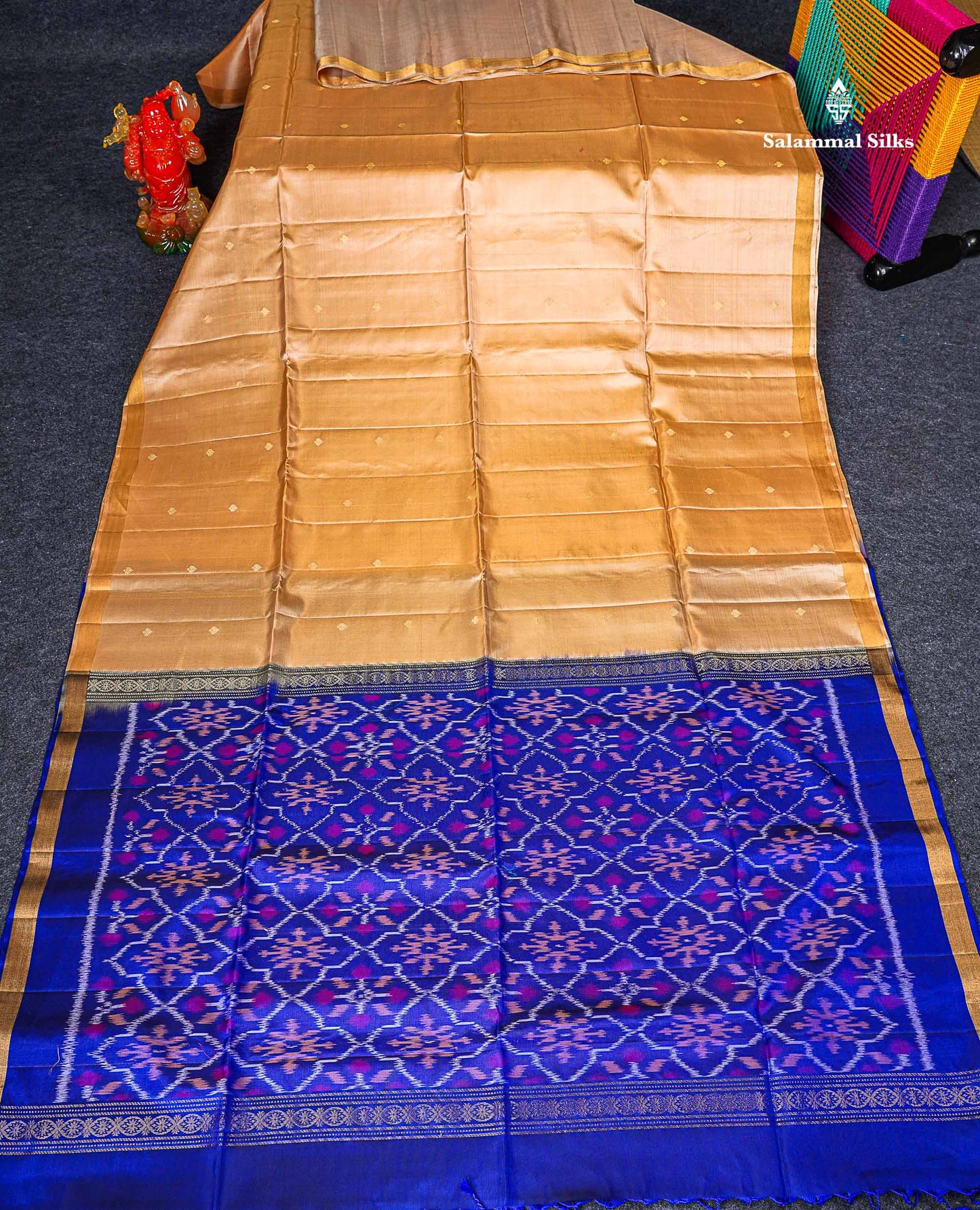 Pure Mix Soft Silk Saree - Cream Sandal Colour Body With Contrast Royal Blue Blouse