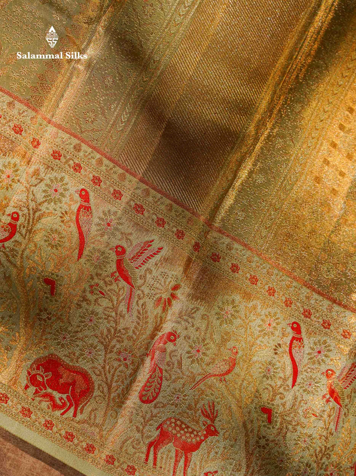 Beautiful Elaichi Green Tissue Bridal Pure Kanjivaram Silk Saree With Fancy Forest Theme Based Fancy Border