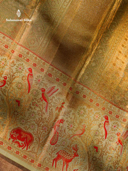 Beautiful Elaichi Green Tissue Bridal Pure Kanjivaram Silk Saree With Fancy Forest Theme Based Fancy Border