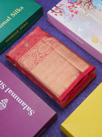 Beautiful Meenakari Work Chilly Red Pure Kanjivaram Silk Saree 3G Zari with Gold Zari Long Border