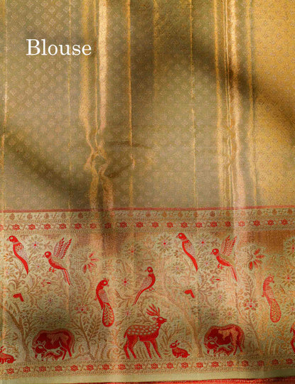 Beautiful Elaichi Green Tissue Bridal Pure Kanjivaram Silk Saree With Fancy Forest Theme Based Fancy Border