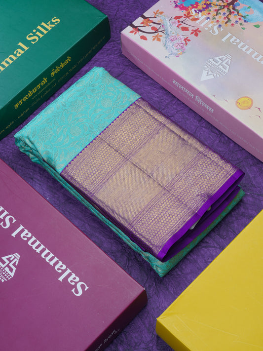 Korvai Sea Green Pure Kanjivaram Silk Saree 3G Zari with Contrast Violet Long Border