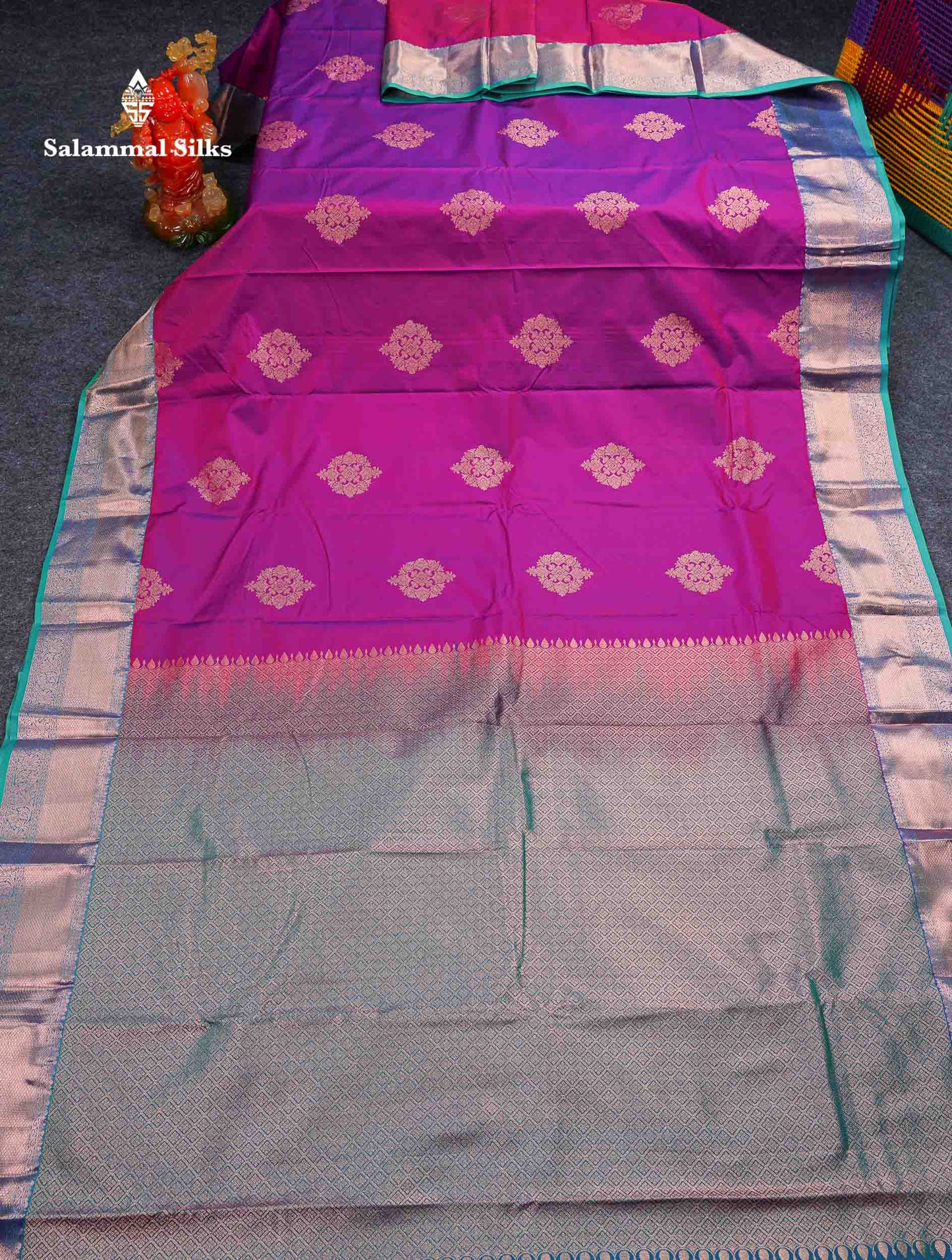Beautiful Dual Tone Rani Pink Semi Silk Saree With Contrast Peacock Green Traditional Border