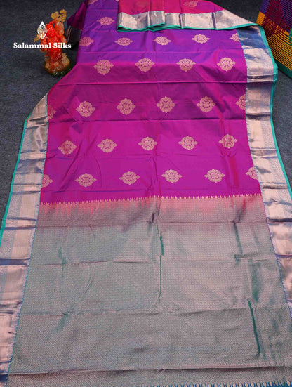 Beautiful Dual Tone Rani Pink Semi Silk Saree With Contrast Peacock Green Traditional Border